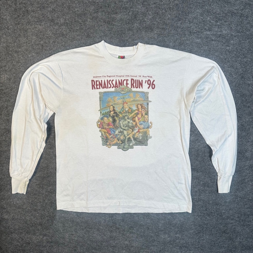 Vintage 90s Single Stitch Renaissance Run 96 Long Sleeve T-Shirt XL White Mens